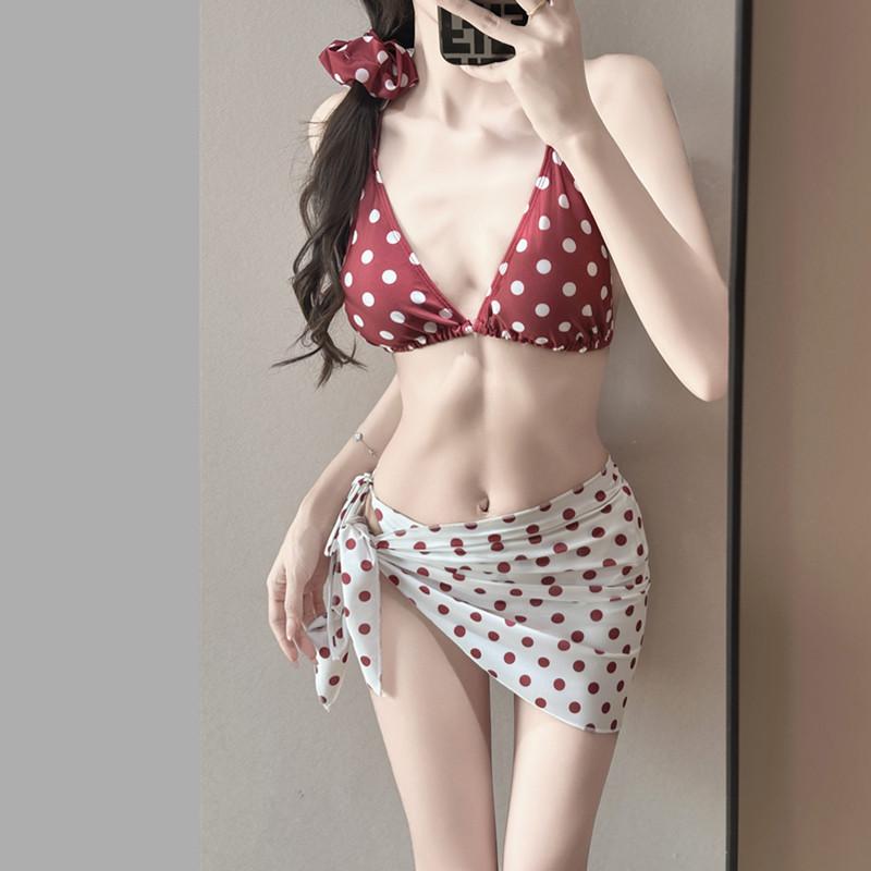 Женский трехсекционный бикини-комплект в горошек и колор-блок с push-up - Купальник, скрывающий живот, для эффекта стройности на курортах с горячими источниками