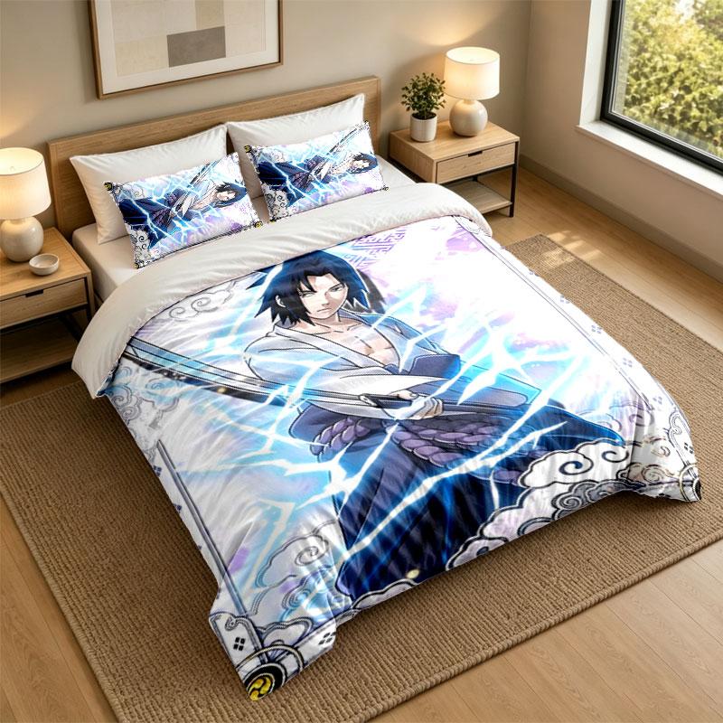 3Pcs Bedding SetSasuke Uchiha Soft Bed Sheet and Two Pillowcases Home Bedroom Decor