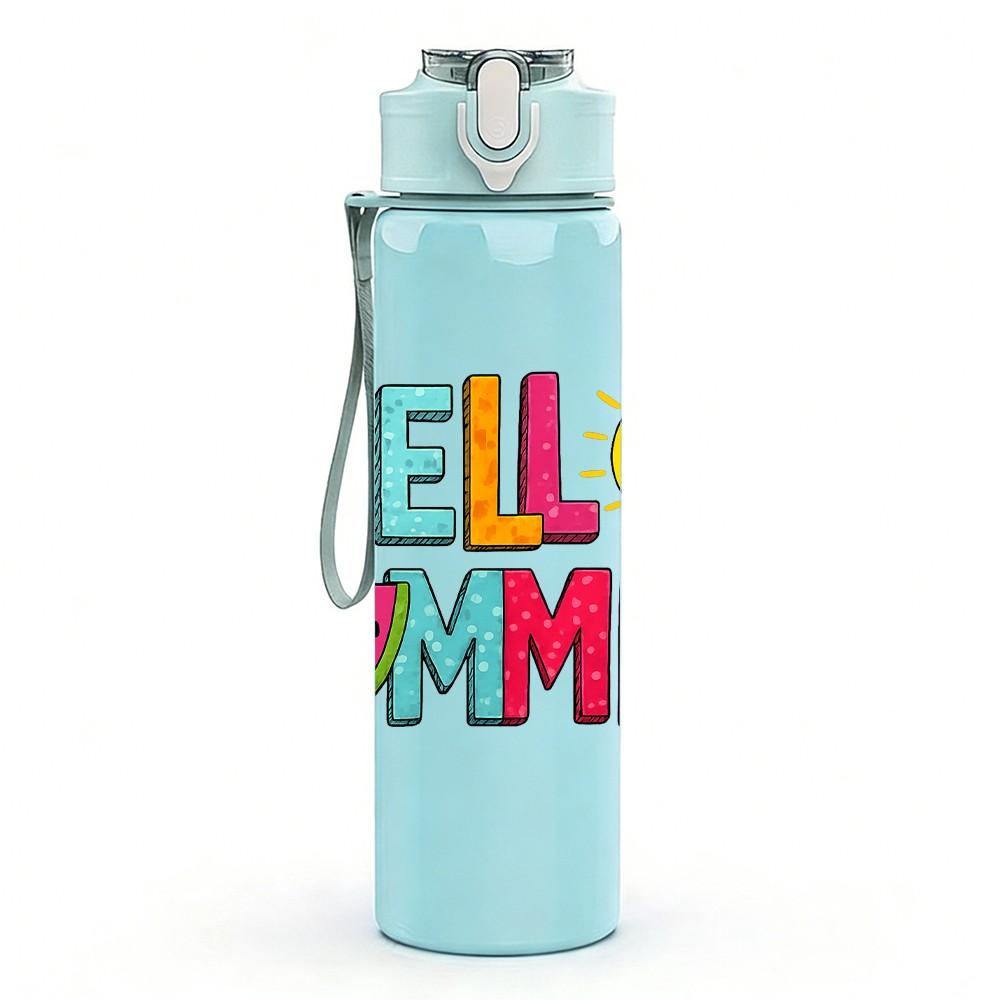 1PC Hello Summer Sun Letter 750ml Color Plastic Sports Water Bottle Leakproof Flip Straw Lid Suitable for Sports Office Home Use