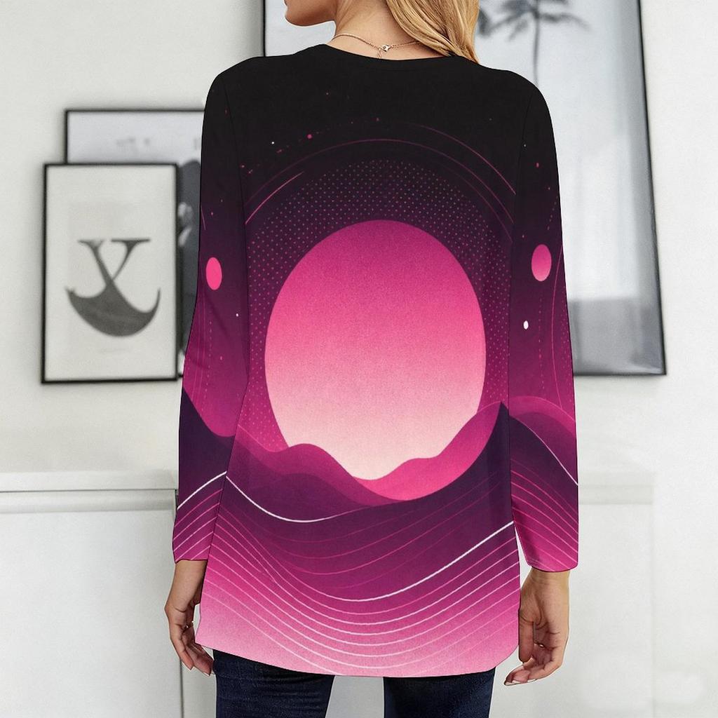 Women Plus Size Round Neck Long Sleeve Gradient Printed Loose Longline T Shirt With Pockets