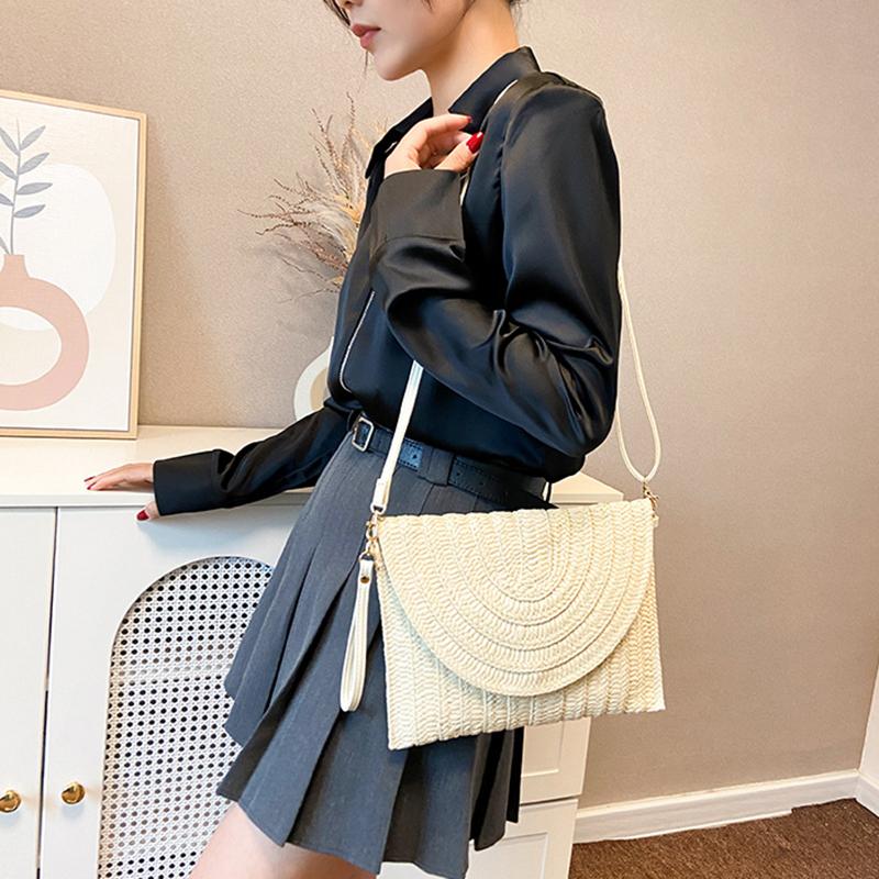 Yogodlns Летняя плетеная соломенная сумка для женщин, сумка-конверт ручной работы, пляжная сумка в богемном стиле, сумка через плечо для отпуска, сумка через плечо