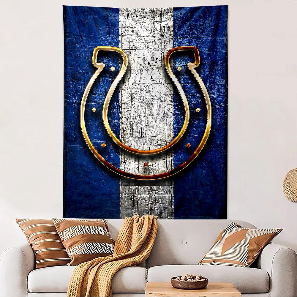 Golden Horseshoe Tapestry Wall Hanging, Blue White Lucky Charm Art, Boho Wall Decor for Bedroom Living Room Dorm