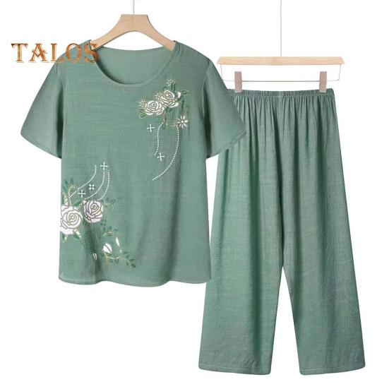 2 шт./компл., женская футболка, брюки, комплект домашней одежды, однотонный цветочный принт, круглый вырез с коротким рукавом, топ с широкими штанинами и эластичной резинкой на талии, свободные брюки, пижамы