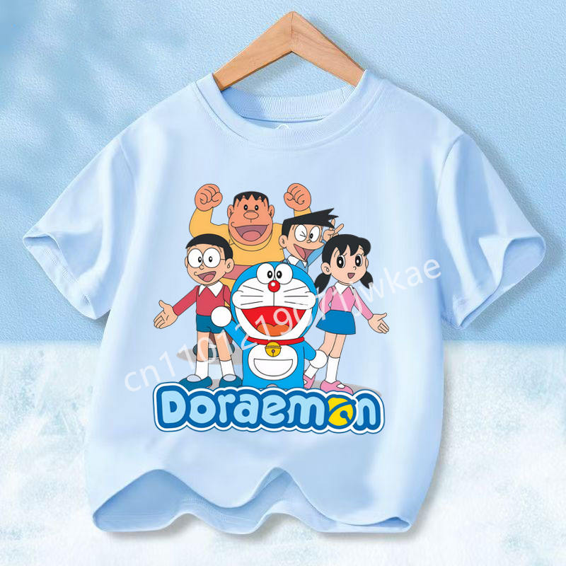 Doraemon Colorful T-shirt Printed Short-sleeved Outdoor Simple Comfortable Pullover Tops Summer Clothes Casuals Round Neck Shirt