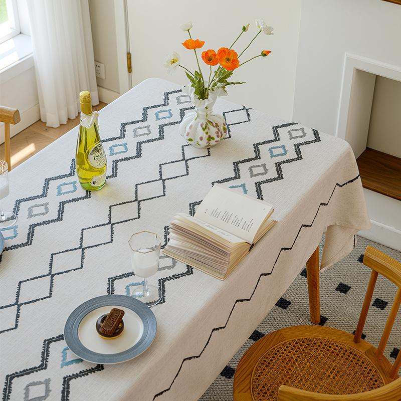 Modern Minimalist Geometric Embroidered Linen Tablecloth Rectangular Dining Table Cover