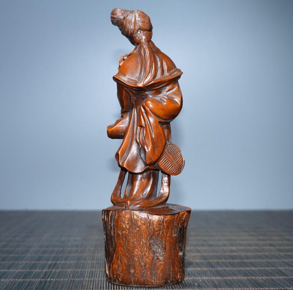 Chinese Antique Boxwood Carved Beautiful Woman Statue Sculpture Home Decor Art
