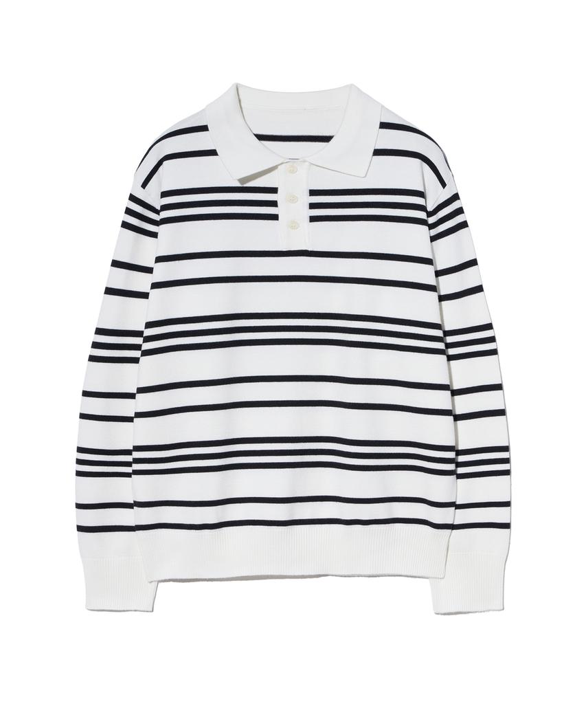 IRONYPORNO WHITELINE 86-Iroj358 Collared Neck Small Striped Long Sleeve Knit White