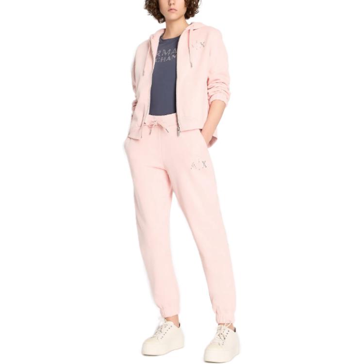 Armani Exchange FW23 Полосатые Повседневные Брюки с Манжетами и Высокой Талией, Украшенные Стразами, Женская Одежда для Низа, Светло-Розовые 6RYP94-YJEFZ-7415