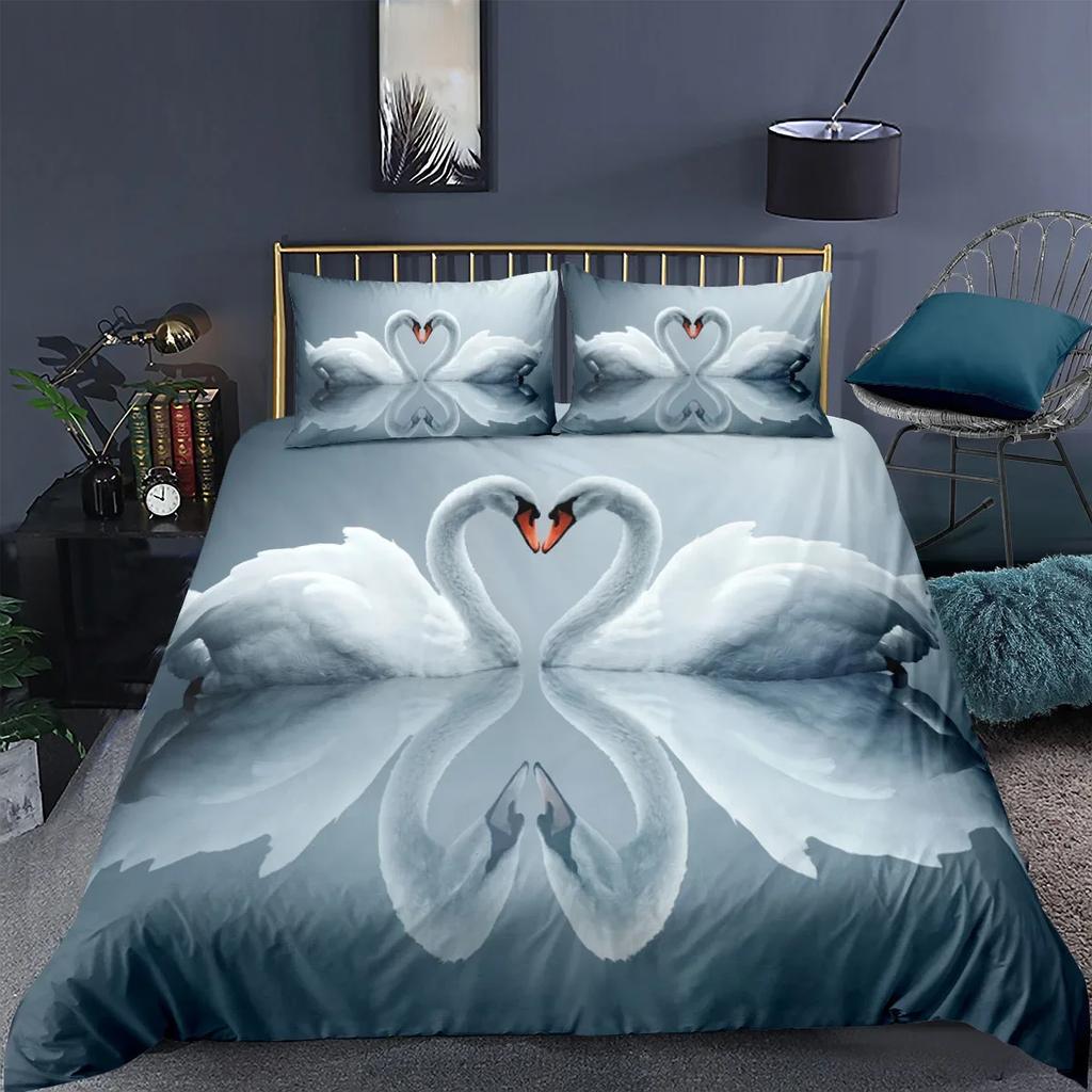 Print Swan Bedding Sets US King 259x229cm High Quality Super Soft Comfortable Cotton Bedding Set Home Textile Duvet Cover Set