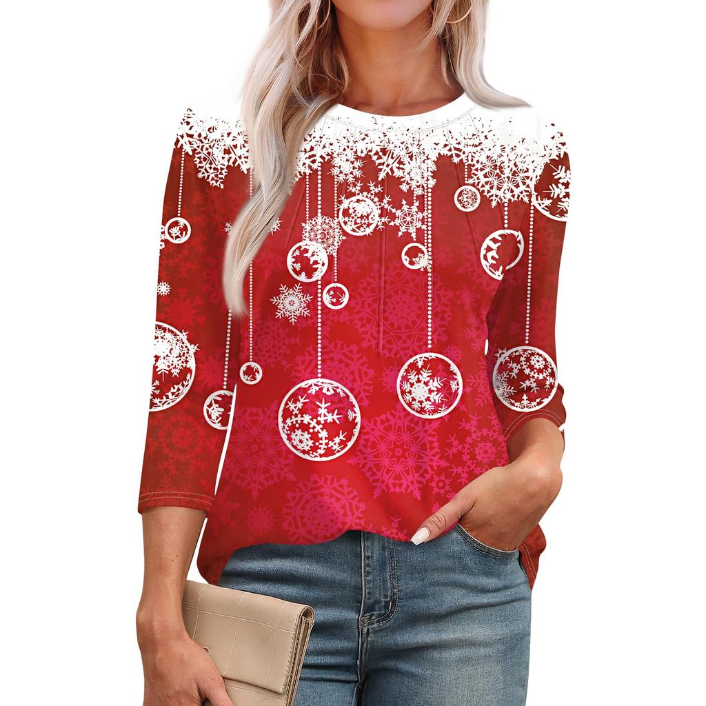 Женская модная футболка с круглым вырезом и рукавом 3/4 с принтом, повседневная, базовая, плиссированная, пуловер