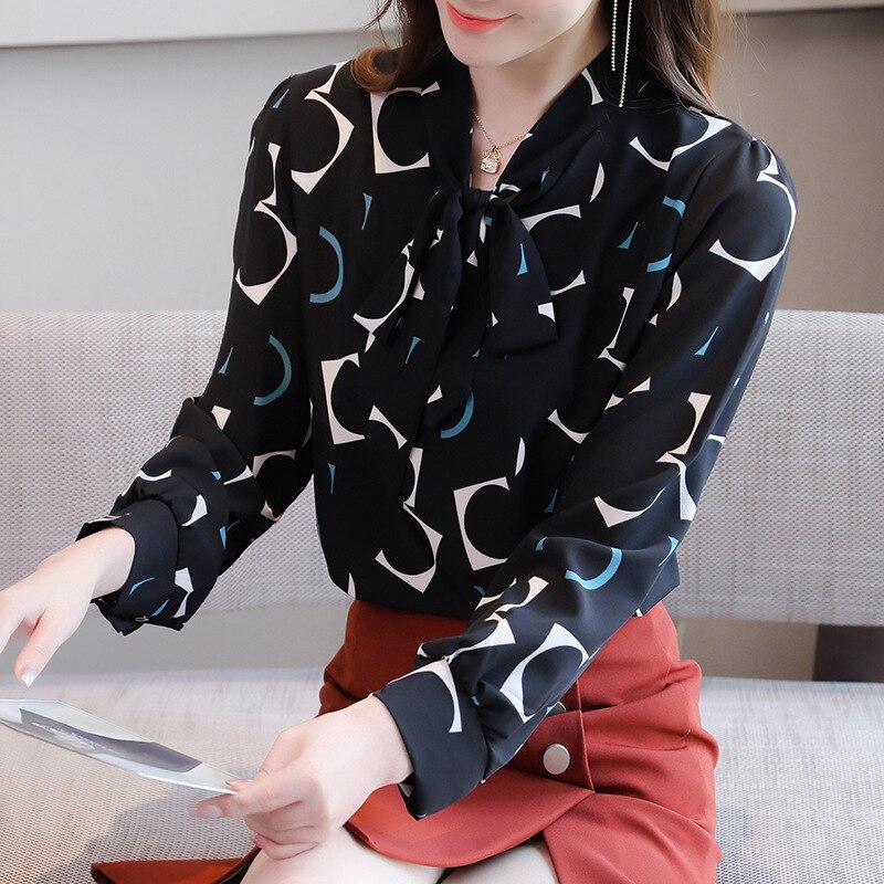 M-4XL женские весенне-летние стильные шифоновые блузки, рубашки, женские повседневные блузки с длинными рукавами и галстуком-бабочкой, воротник с принтом, топы