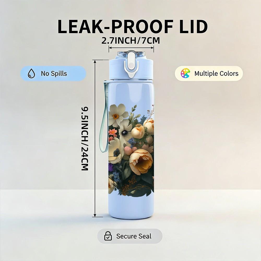 1PC Wild Floral Bouquet Pattern 750ml Color Plastic Sports Water Bottle Leakproof Flip Straw Lid Suitable for Sports Office Home Use
