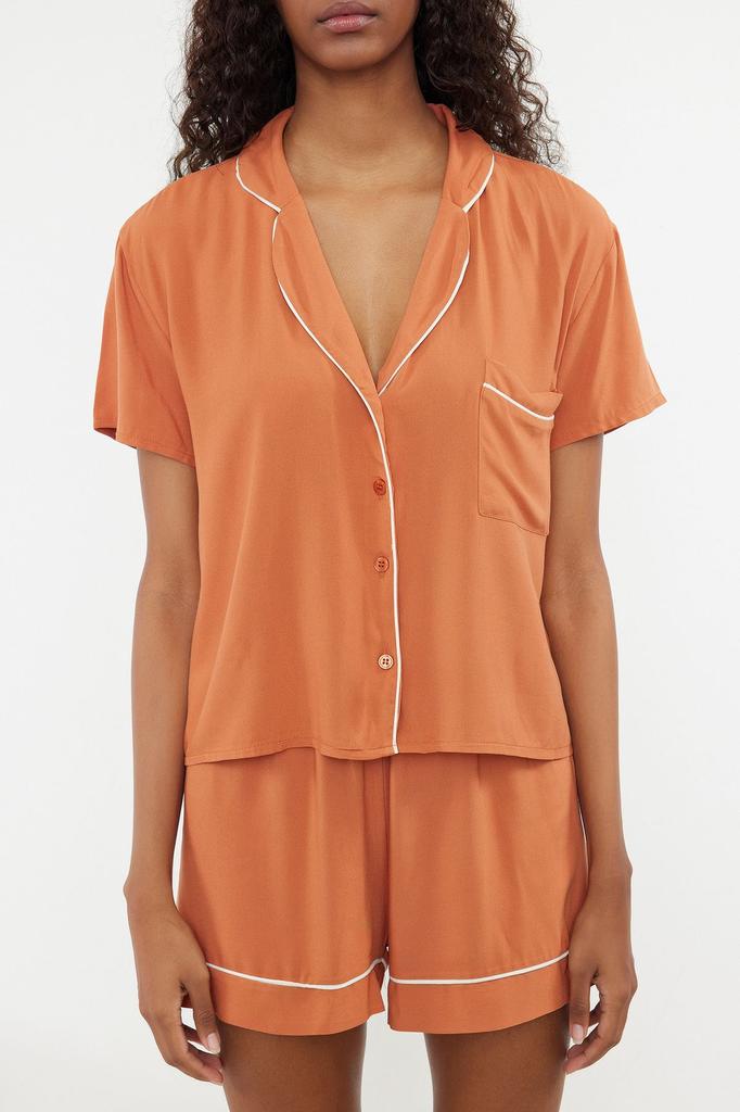 Women's Fashion Viscose Woven Pajama Set with Cinnamon Piping Detail