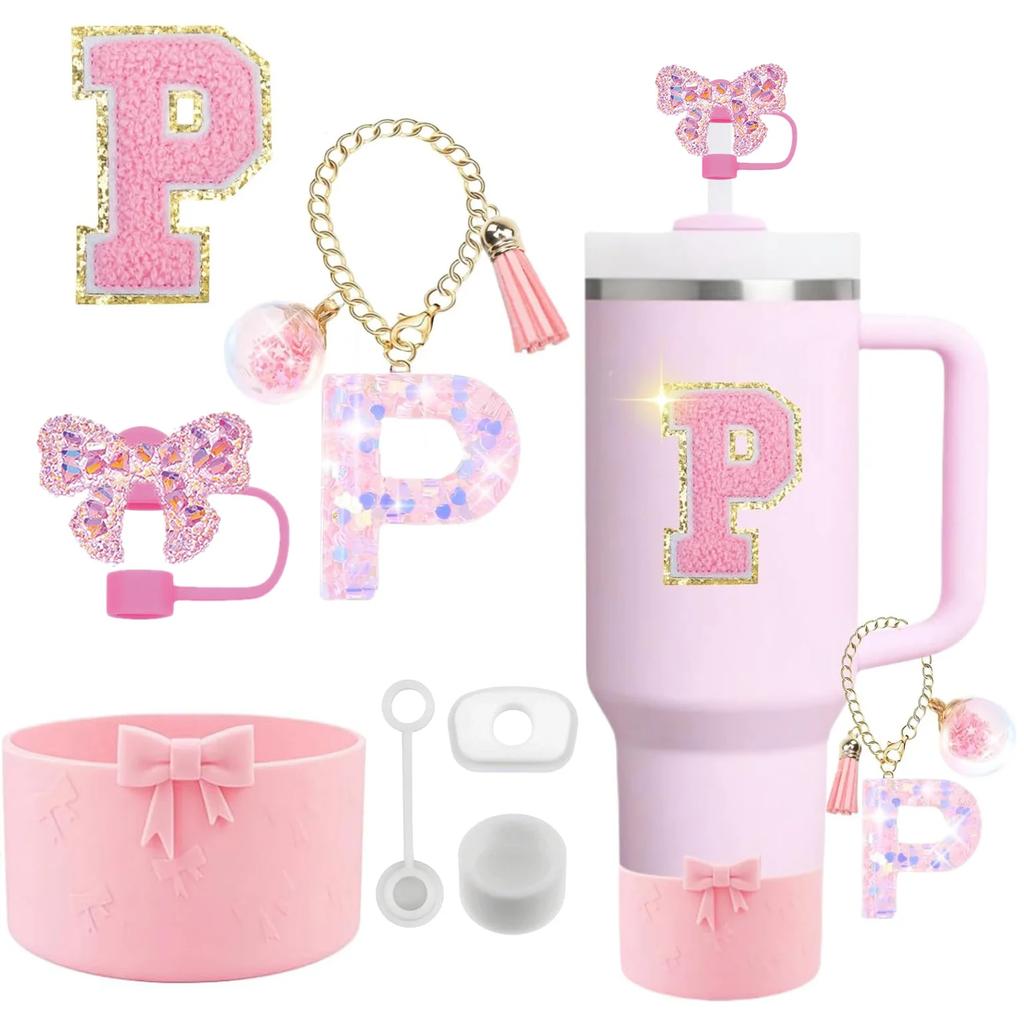 7PCS Pink Accessories for Stanley Cup 30/40 Oz Tumbler with Handle Bow Straw Topper Cover Cap Boot Initials Charm Letter Sticker