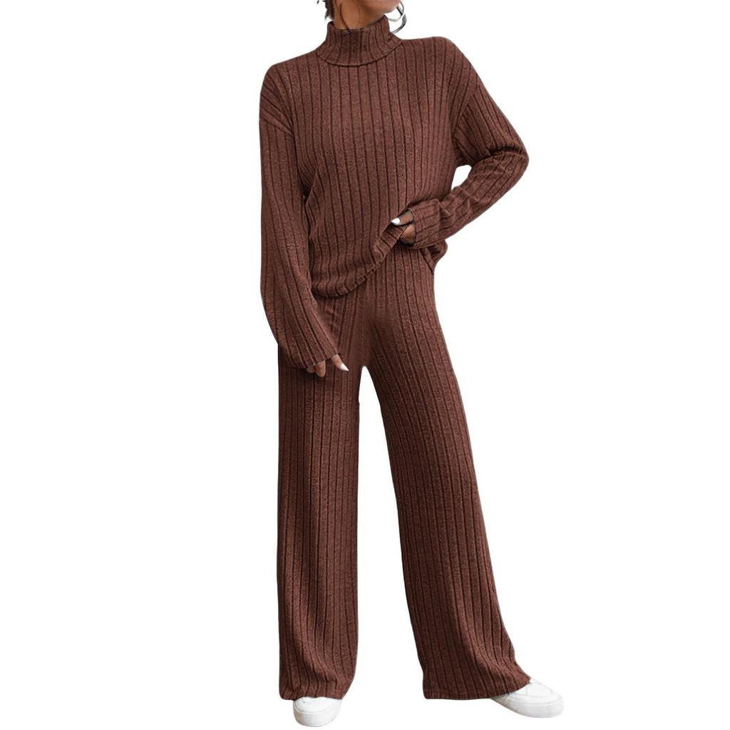European & American 2023 Autumn/Winter High-Neck Knit Sweater & Loose Trousers Women's Two-Piece Casual Suit