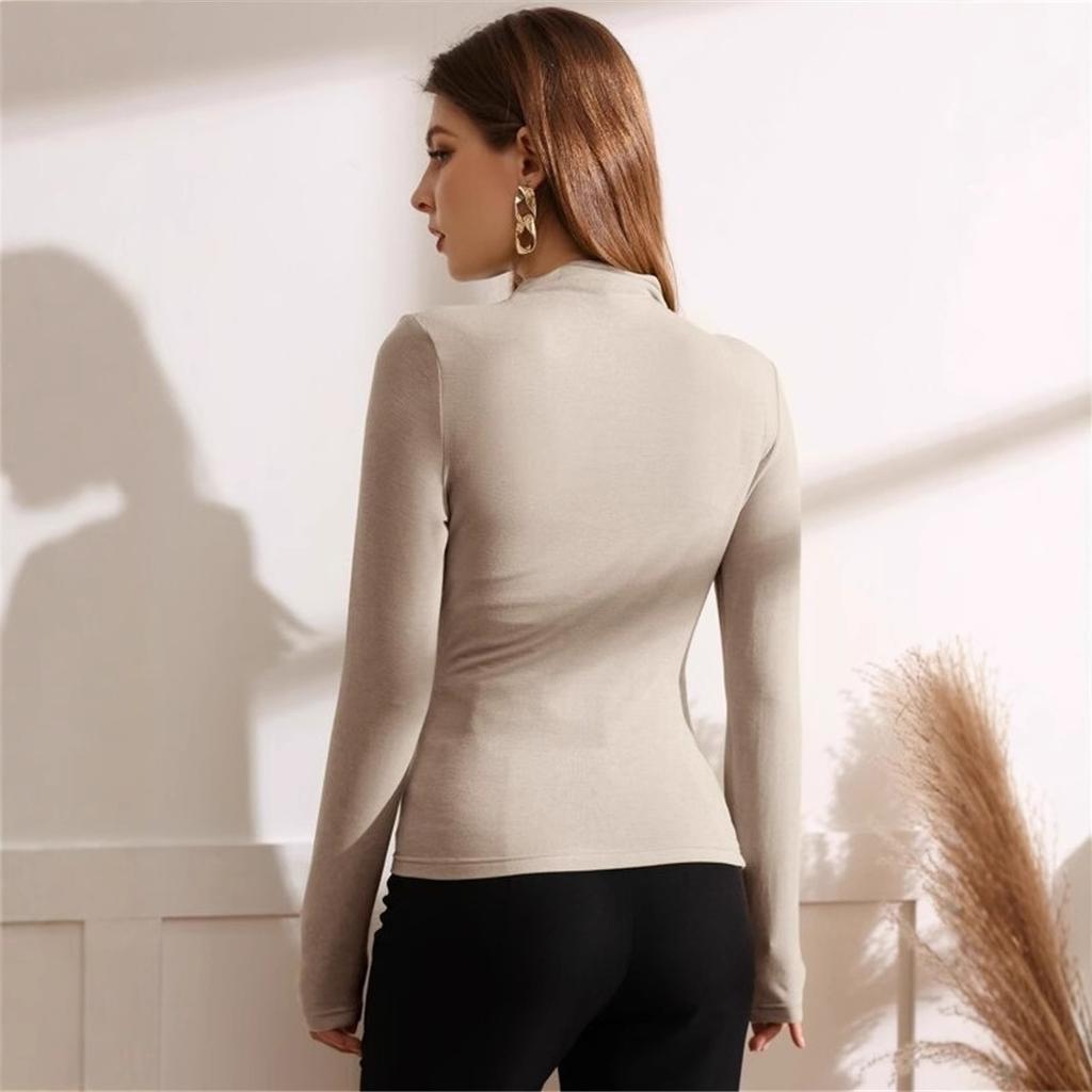 Women's Autumn and Winter Small High Neck Pumped Pleated Versatile Long-sleeved T-shirt