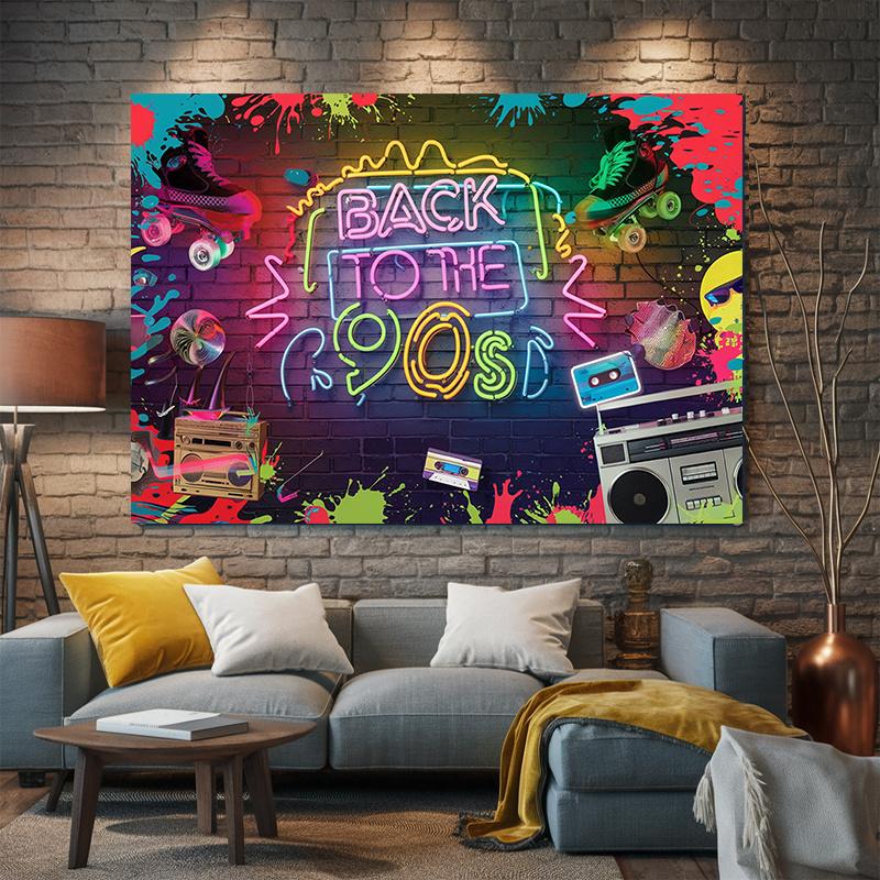 1 piece of vibrant 90s retro party backdrop banner - colorful neon lights.PMJ