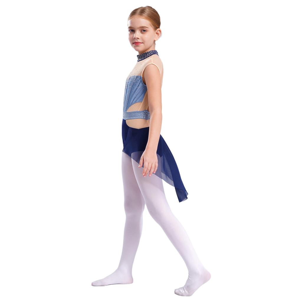 Kids Girls Ballet Gymnastics Dress Rhinestones Mesh Skirted Leotard Figure Ice Skating Jersey Lyrical Dance Performance Costume