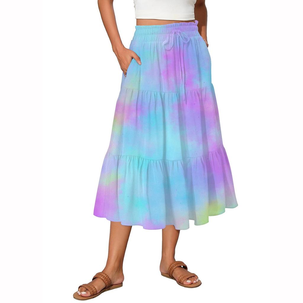 Women's Vintage Gradient Print Flowy Flared Ruffle A-Line Maxi Skirt