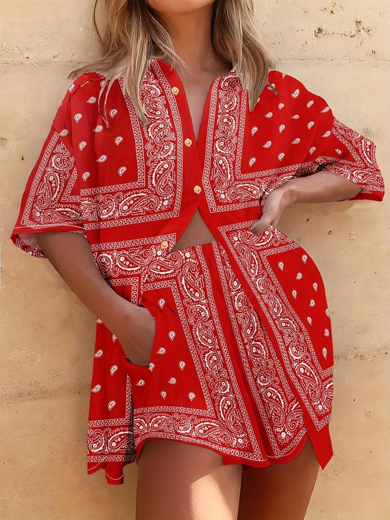 Flower 1116 Summer New Checked Pattern Short Sleeve Shirt Shorts Set