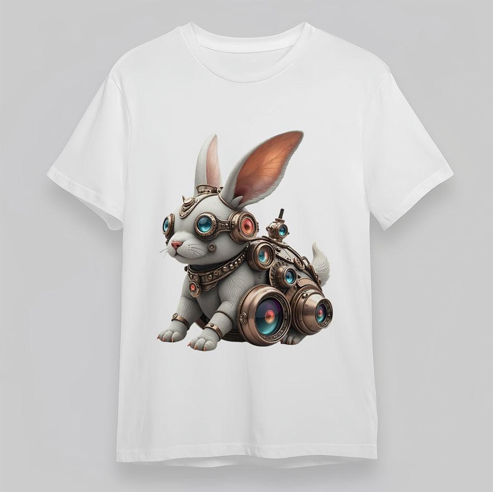 Women's T-Shirt Mens Womens Tees Top Steampunk Rabbit Metallic Gears Tee Cotton Short Oversize White