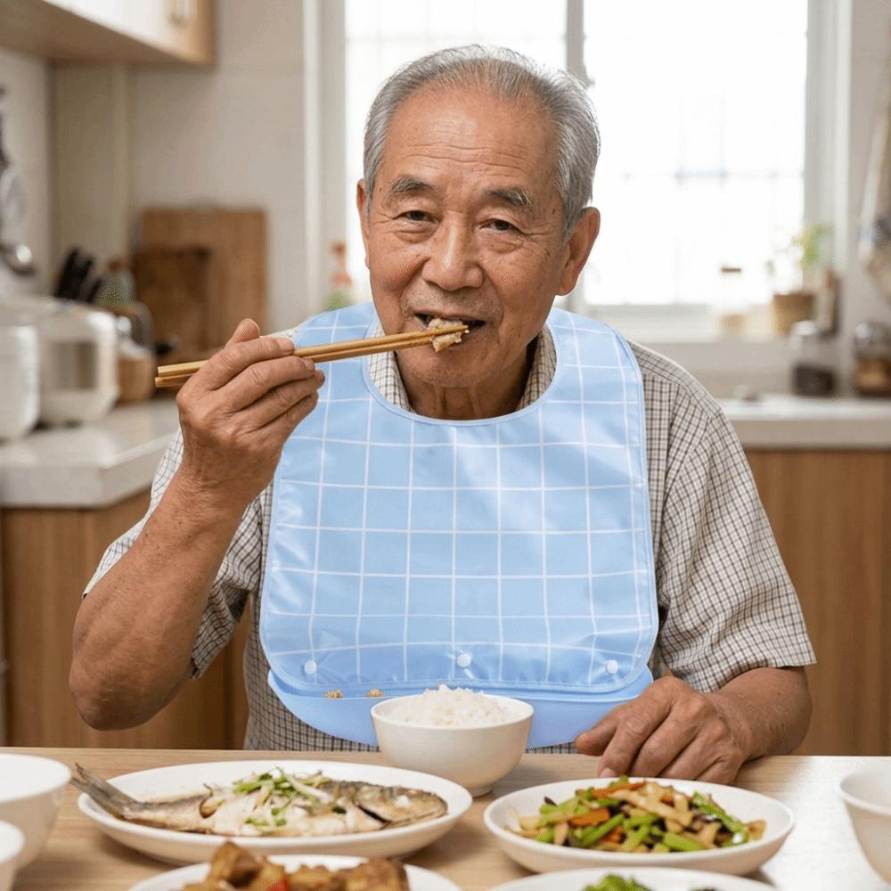 Plaid Pattern Elderly Bib Waterproof Eating Smock Easy Clean Mealtime Bib Elderly Care