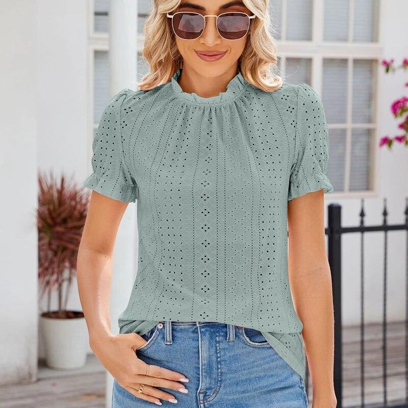 2024 весна лето женская кружевная блузка с коротким рукавом повседневная рубашка с воротником-стойкой свободные плиссированные футболки элегантные топы с вырезами 30561