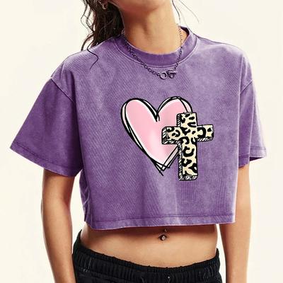 Розовая футболка с принтом сердца и креста, женская, выстиранная, модные хлопковые футболки, уличные топы, женская, с круглым вырезом, с коротким рукавом