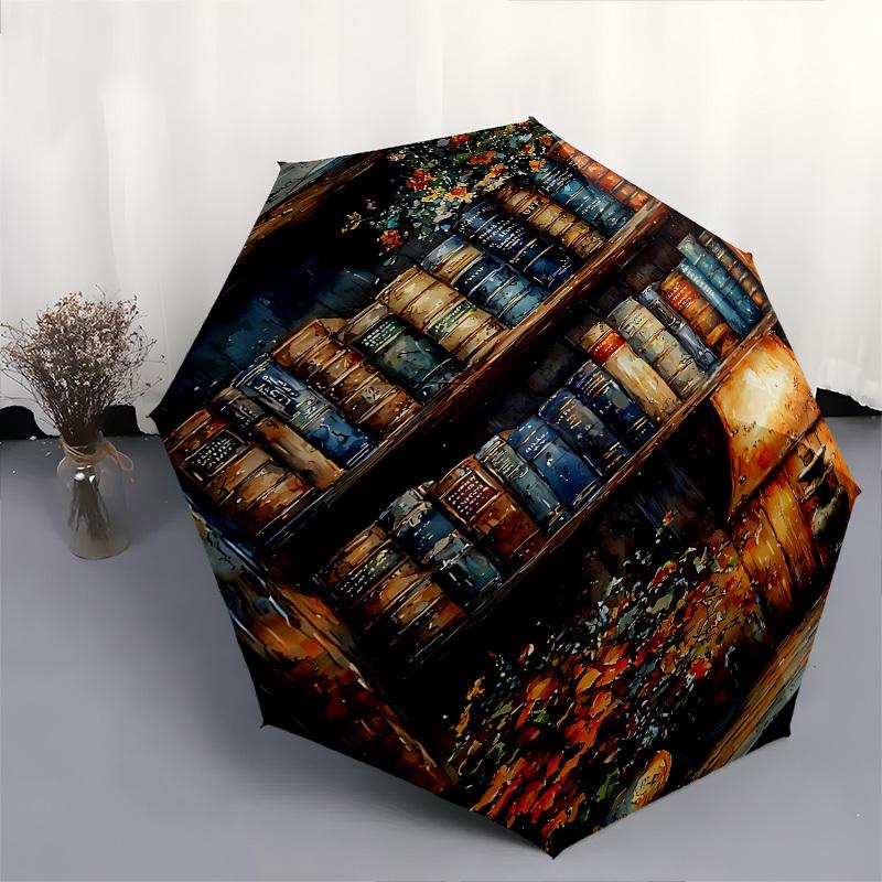 Bookshelf, Lamp Themed Automatic Opening and Closing Umbrella, Brightly Colored 8-rib Portable Umbrella, Suitable for Men and Women, A Perfe