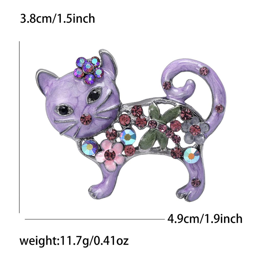 Lovely Enamel Cat Brooch Women Rhinestone Flower Animal Corsage Pins Gifts