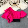 Шикарная блузка Blusas De Mujer с косым воротником и воланами, нерегулярная блузка Ins для женщин, однотонная, со складками на поясе, Camisas, летняя дропшиппинг