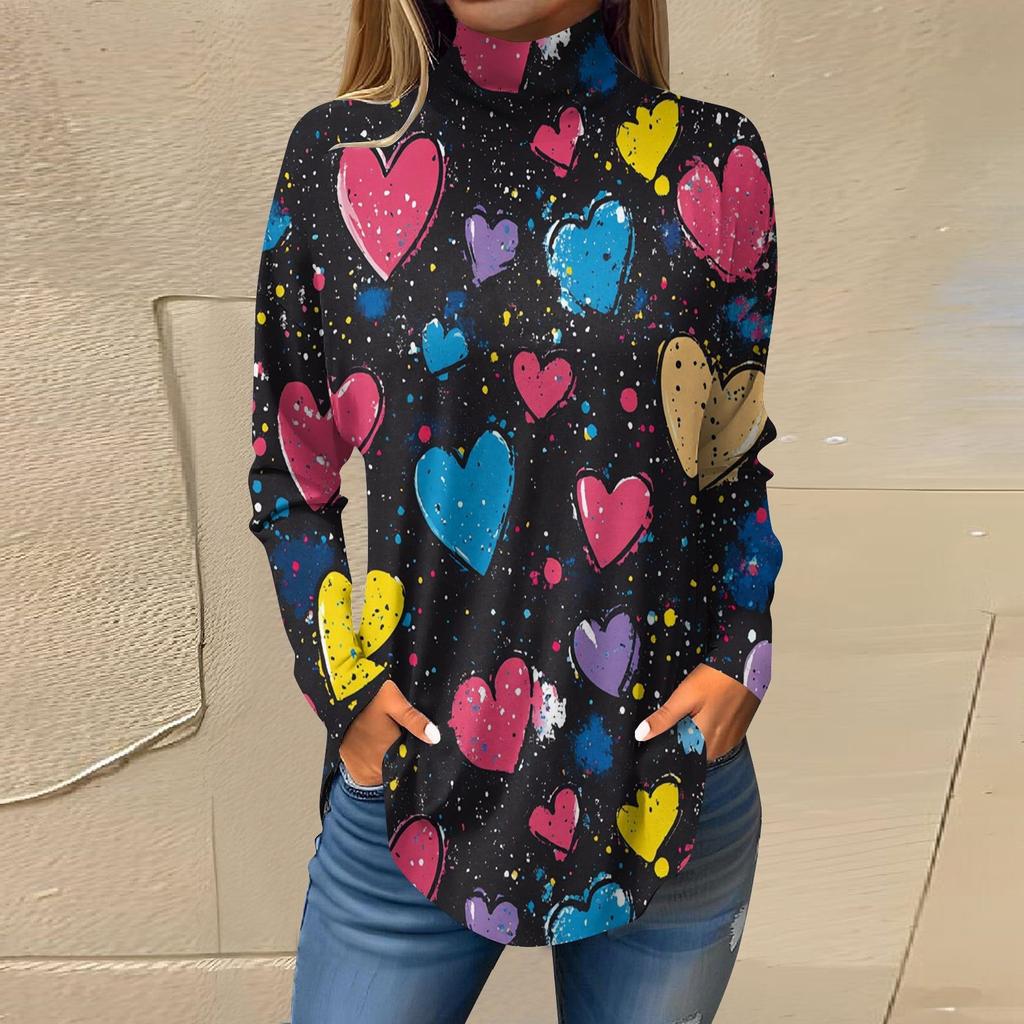 Футболки для женщин, осенние повседневные рубашки с длинным рукавом, толстовка с принтом, топ с высоким воротом, пуловер