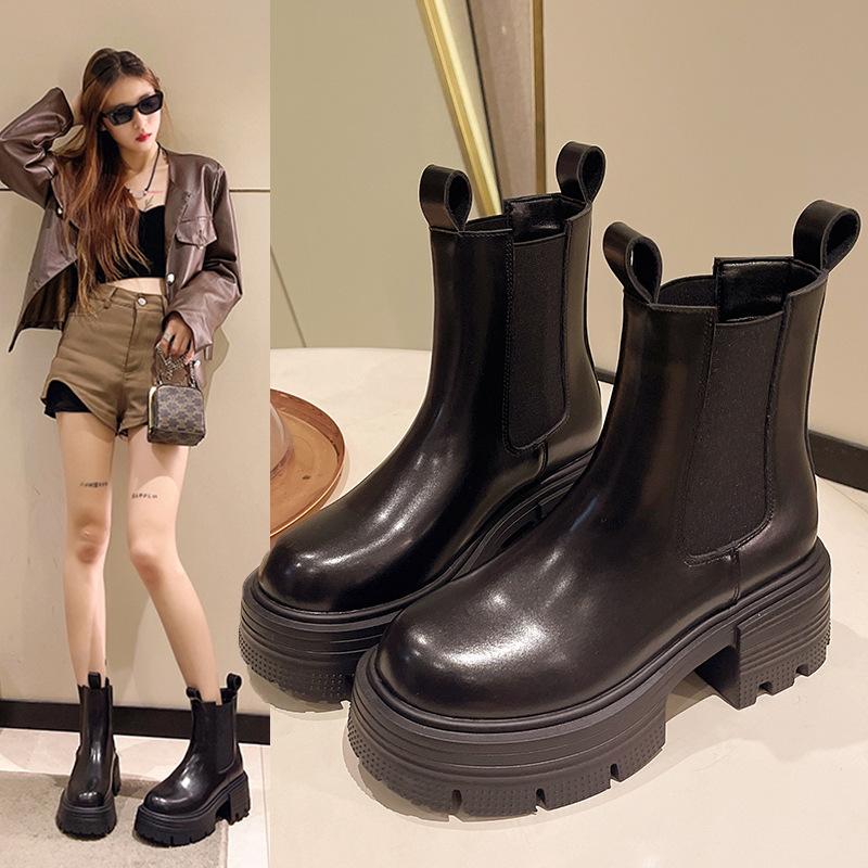 Женские сапоги на толстой подошве в английском стиле 2024 года, осень/зима, новые сапоги-дымоходы на толстом каблуке, ботинки челси, короткие сапоги