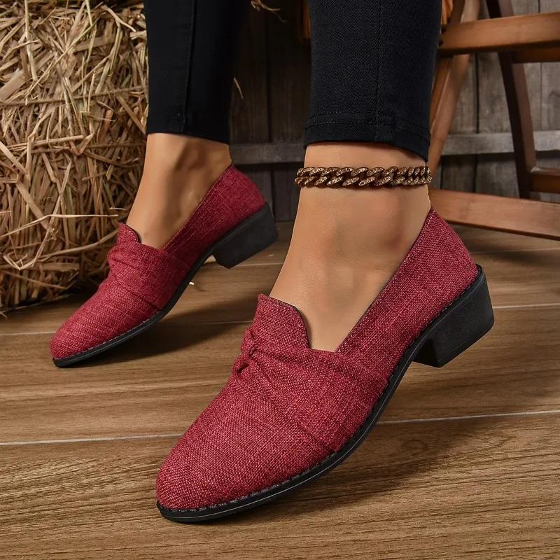Fashion Women's Casual Low-heeled Shoes Retro Square-heeled Thick-soled Loafers Canvas Elegant Simple Women's Shoes Zapatillas