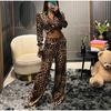 Women Leopard Pants Suit Vintage Laple Single Breasted Feathers Sleeve High Waist Wide Leg Pants Sets Female Spring Lady Outfits