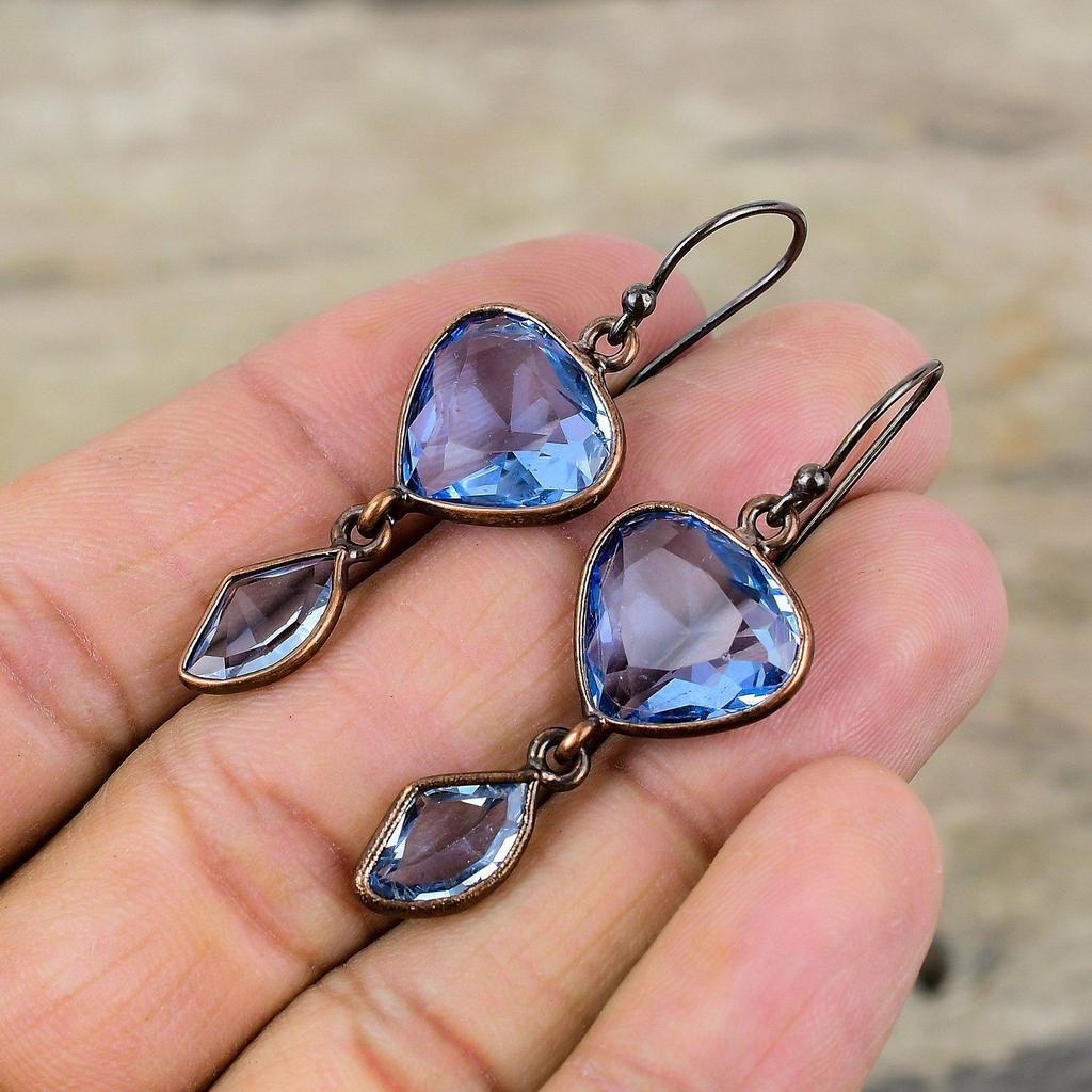 Граненые танзанитовые кварцевые серьги, медные серьги, изготовленные методом гальванопластики, серьги ручной работы с драгоценными камнями, ювелирные изделия, изготовленные методом гальванопластики, свадебный подарок, медные ювелирные изделия