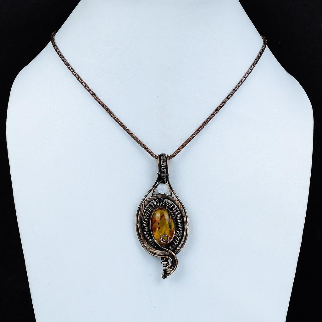 Балтийский янтарь, лунный камень, драгоценный камень из чистой медной проволоки, обернутый дизайнерской подвеской ручной работы, ювелирный подарок для нее