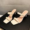 2025 New Internet Celebrity Square Head Cool Slippers Women's Wear Square Heel Fashion High Heel Sandals White Word with Open Toes