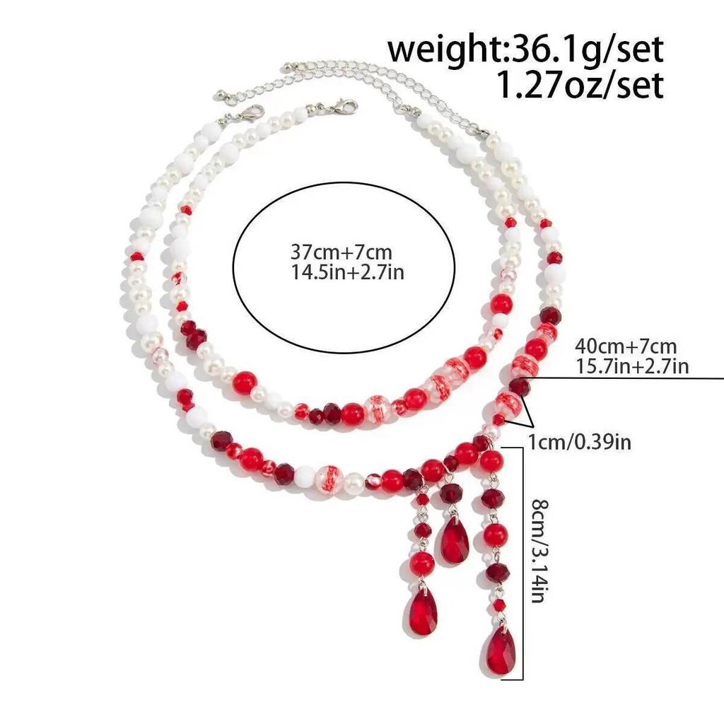 IngeSight.Z Goth Red Blood Pattern Imitation Pearl Tassel Pendant Necklace Women Exquisite Crystal Bead Choker Halloween Jewelry