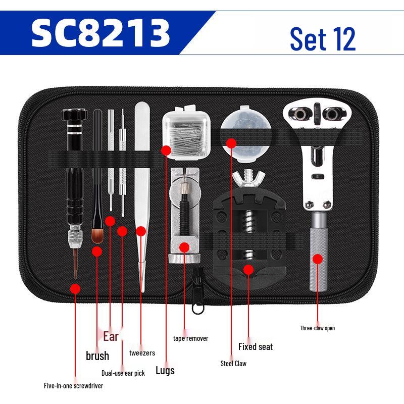 Набор инструментов для ремонта механических часов: снятие корпуса, ремешка, регулировка звеньев и замена батарейки.