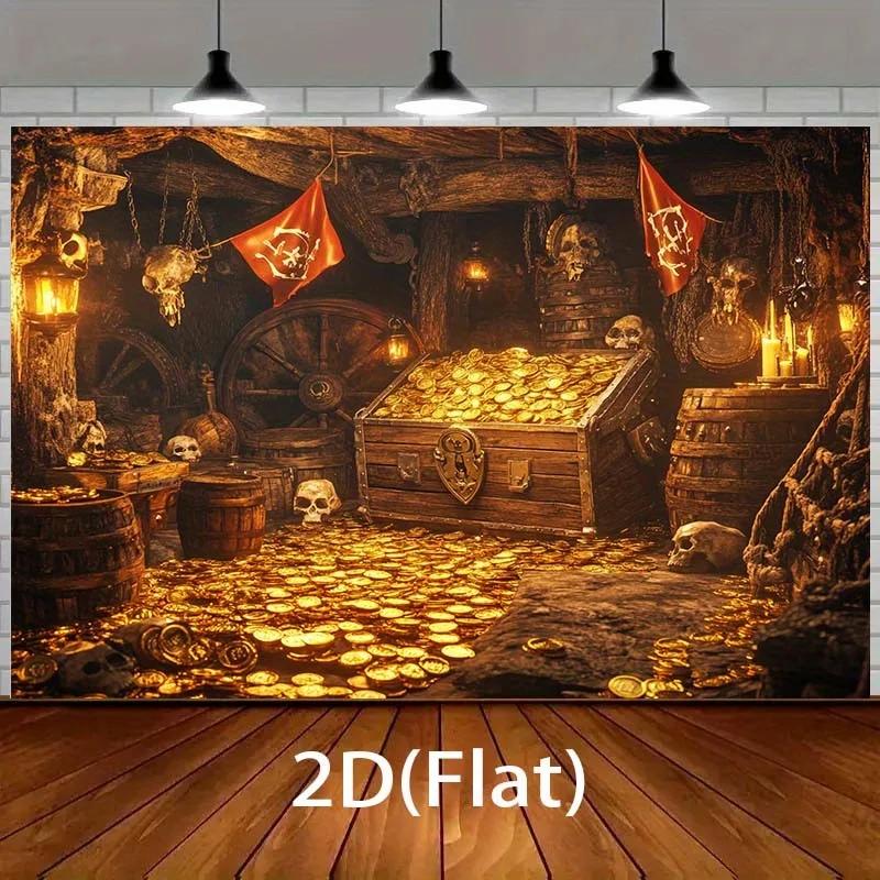 1 Pirate treasure Chest adventure background cloth, including gold coins, skulls and wooden barrels - polyester, holiday event