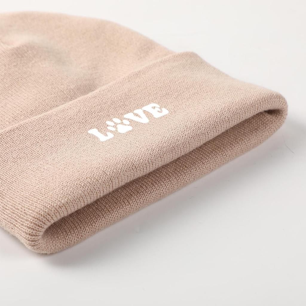LOVE" Dog Paw Print Print Knit Hat Beanie, Animal Woman Cap Cuff Fit Trendy Gorro Knitted Cap Beanie