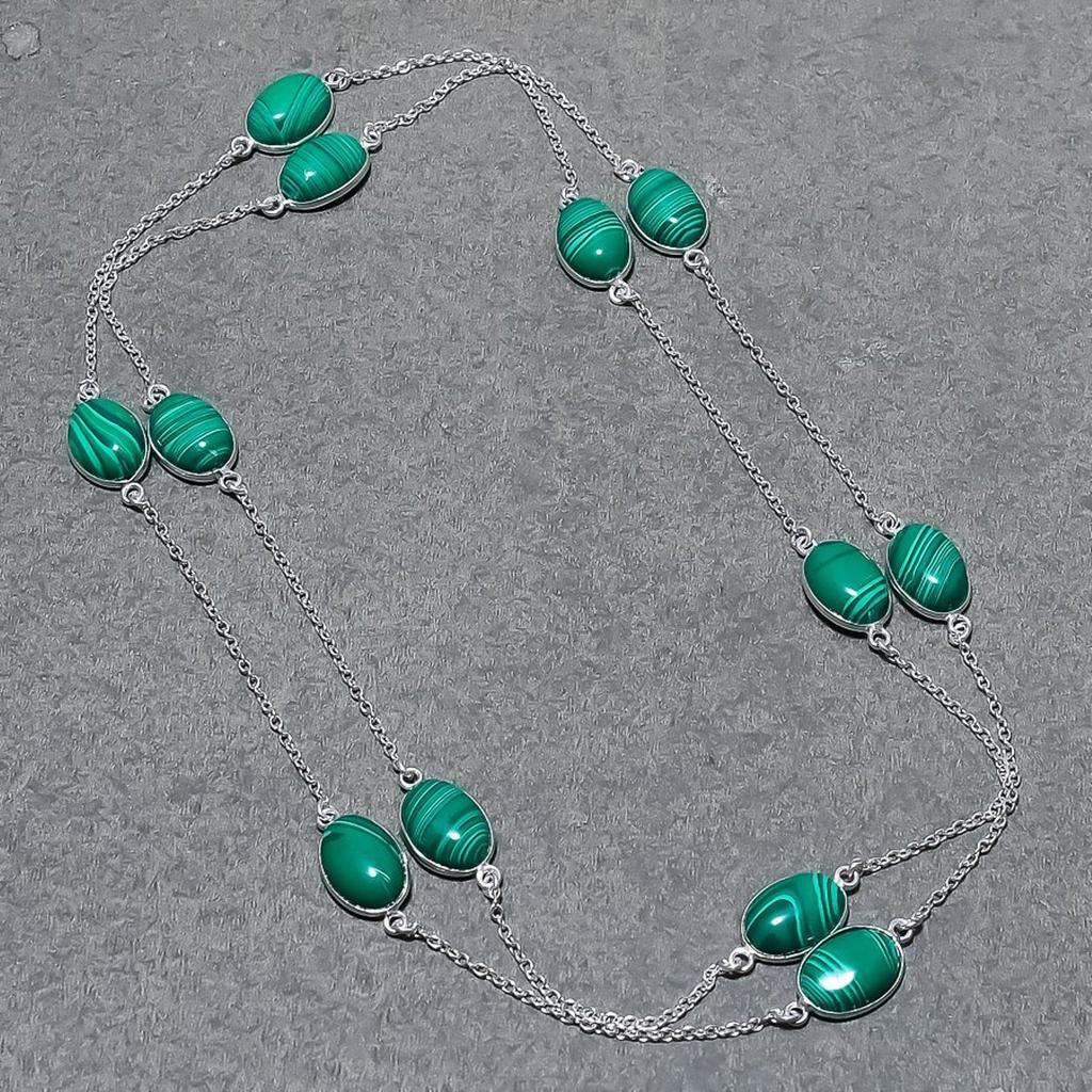 Malachite Necklace 36" Chain Silver Tone Polished Oval Gemstone Handmade Jewelry