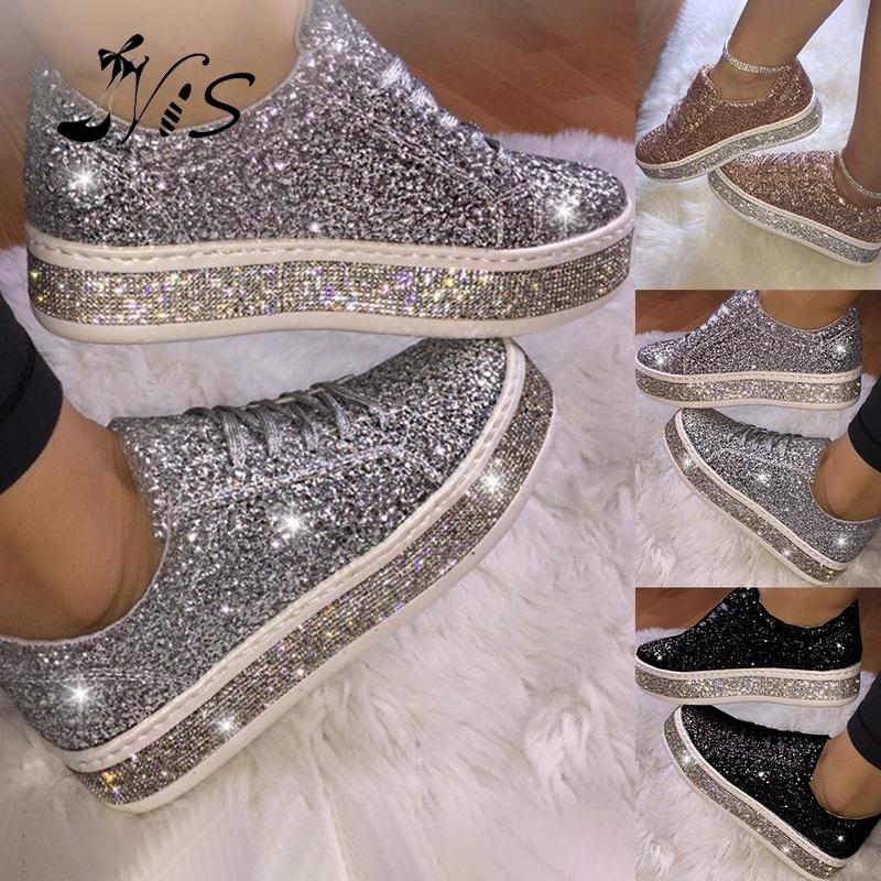 Женские весенние блестящие кроссовки с блестками, повседневная обувь на плоской подошве со шнуровкой