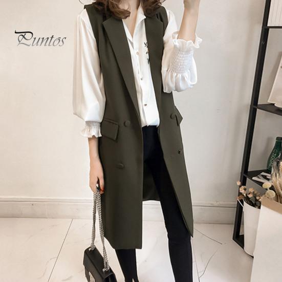 Осень-весна женский жилет с отложным воротником двубортный свободный без рукавов до колена карманы кардиган сплошной цвет повседневная одежда жилет пальто