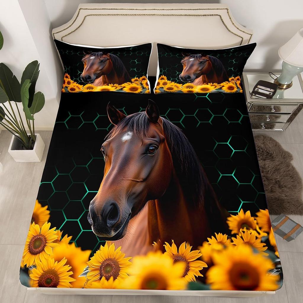 Простыня на резинке с лошадью, Животное Лошадь Простыни Глубокий карман 30 см, Мягкая микрофибра 3D Простыня с наволочками для детей и взрослых