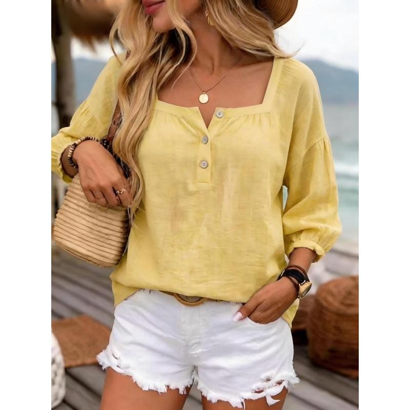 BITCED Women's Fashion Casual Solid Color Print Long Sleeve Square Collar Blouses & Shirts