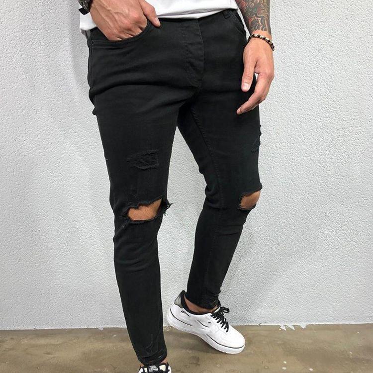 Эластичные узкие джинсы с потертостями до колен, мужские рваные байкерские джинсовые брюки, однотонные потертые уличные черные брюки, мужские спортивные штаны