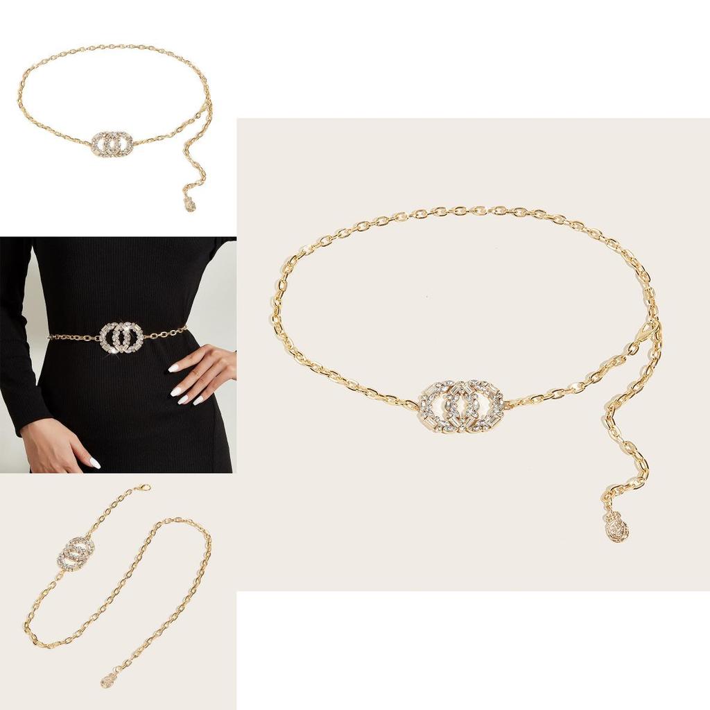 Женский металлический пояс-цепочка с пряжкой с двойным кольцом и стразами для модного наряда