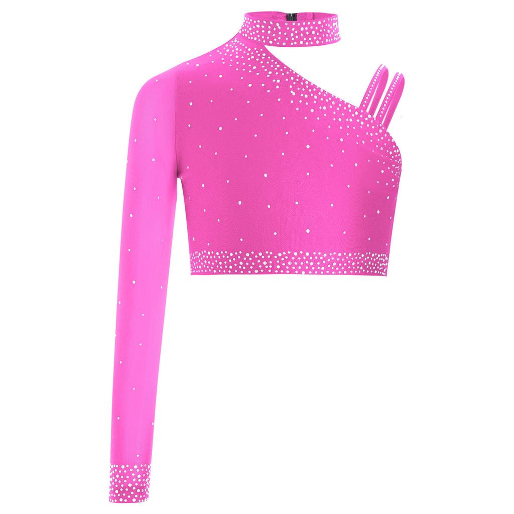 Girls Irregular Shoulder Sparkly Rhinestones Crop Top Dance Performance Stage Costume